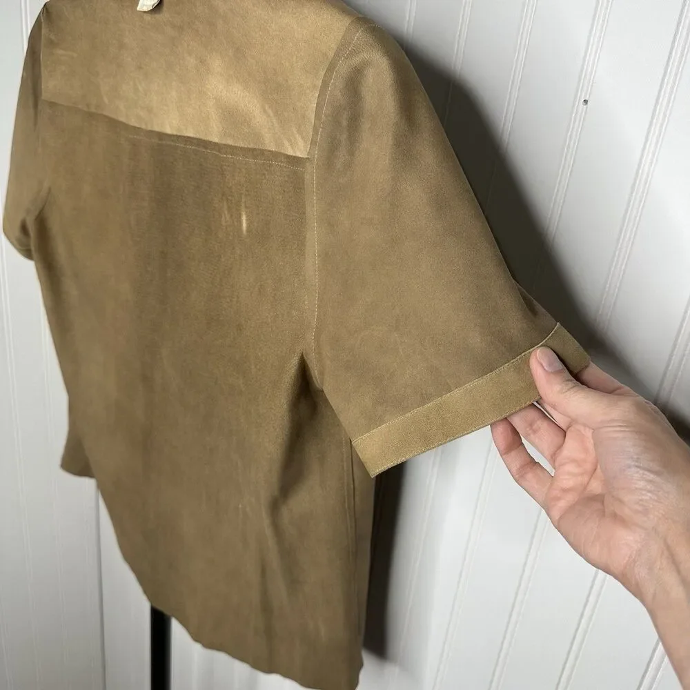 Michael Kors Brown Suede Top Sz S? Pearl‎ Snap Short Sleeve Italy Quiet Luxury